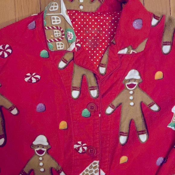 NICK&NORA FLANNEL PJ SET, sock monkey Christmas gingerbread house Size Small EUC - Picture 3 of 8